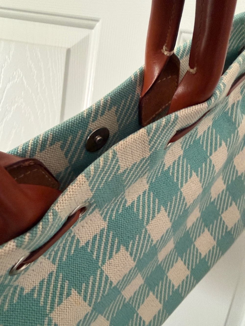 Dooney & Bourke Teal and Cream Plaid Canvas Small Tulip Tassel Tote - Picture 12 of 16